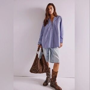 Free People We The Free Lisbon Tunic Blue Combo Lace Up NWT Size Small
